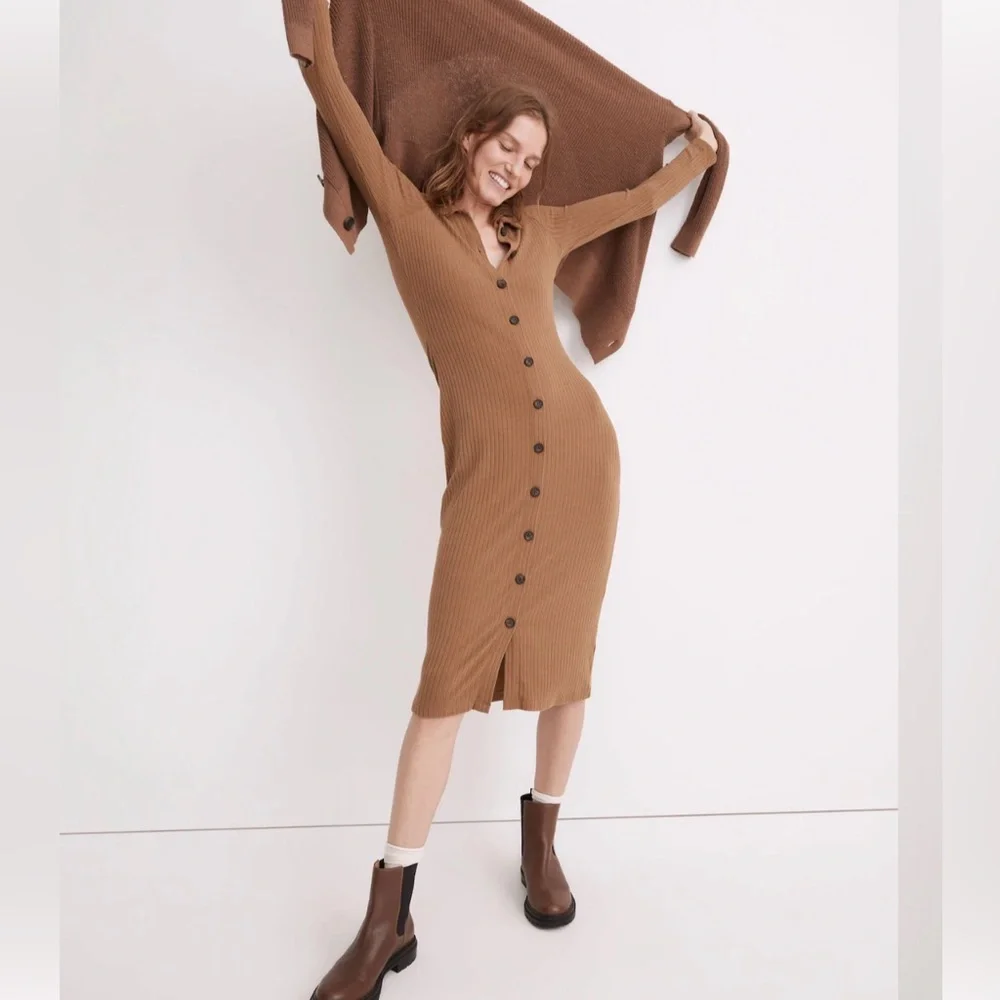 Madewell Women’s Button Front Ribbed Knit Midi Shirtdress Size XL Brown